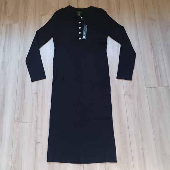 House of Harlow Ribbed Knit Collared Henley Midi Dress Black XL NWT - Picture 3 of 9